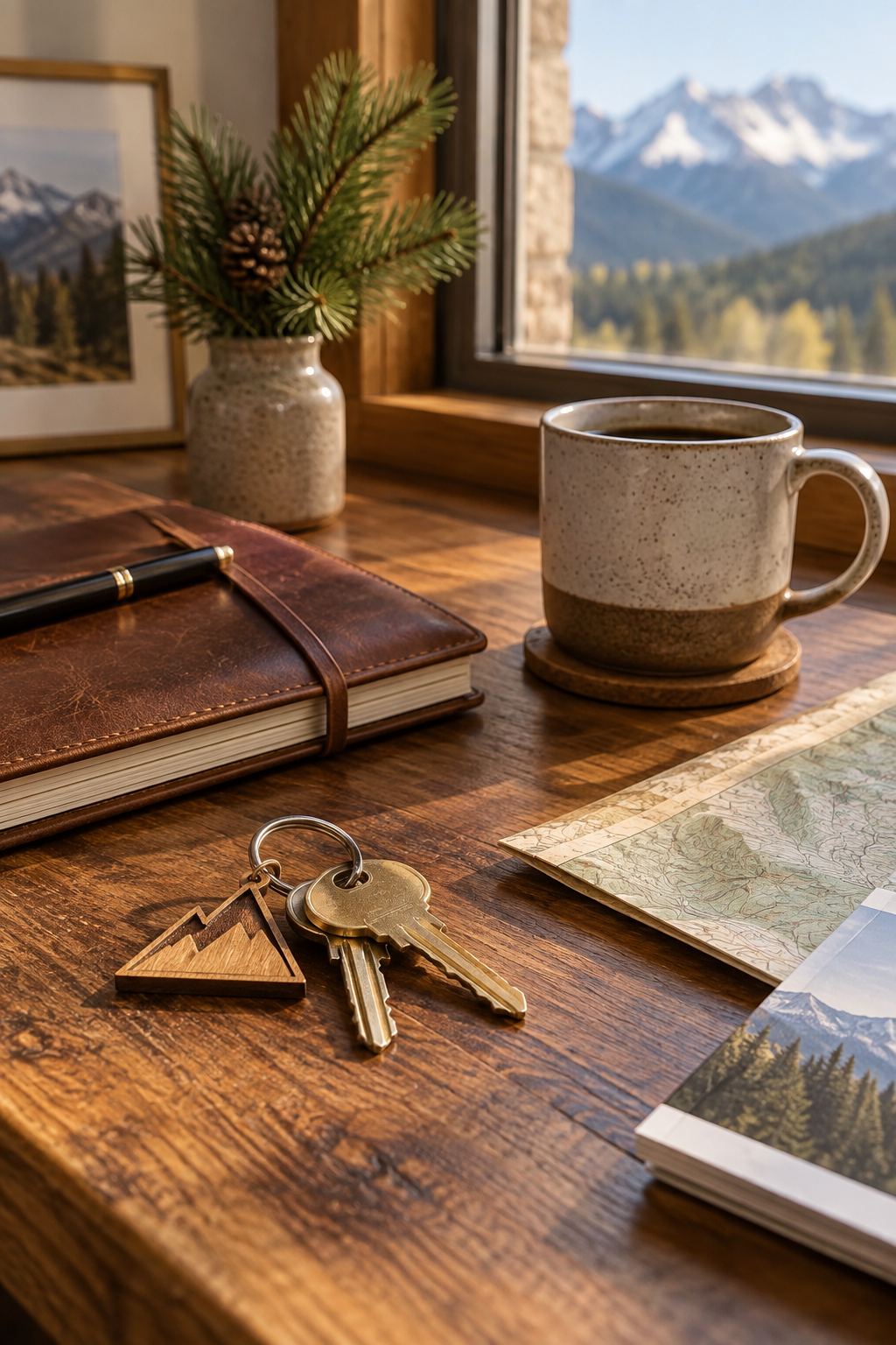 A broker's desk with house keys and a notebook, illustrative