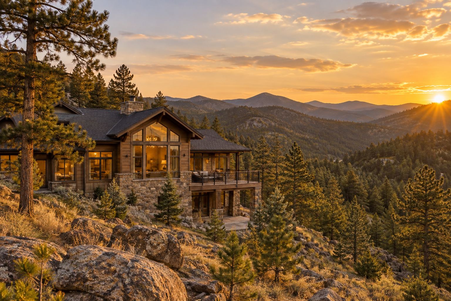 A mountain home among pines in the Colorado foothills, illustrative