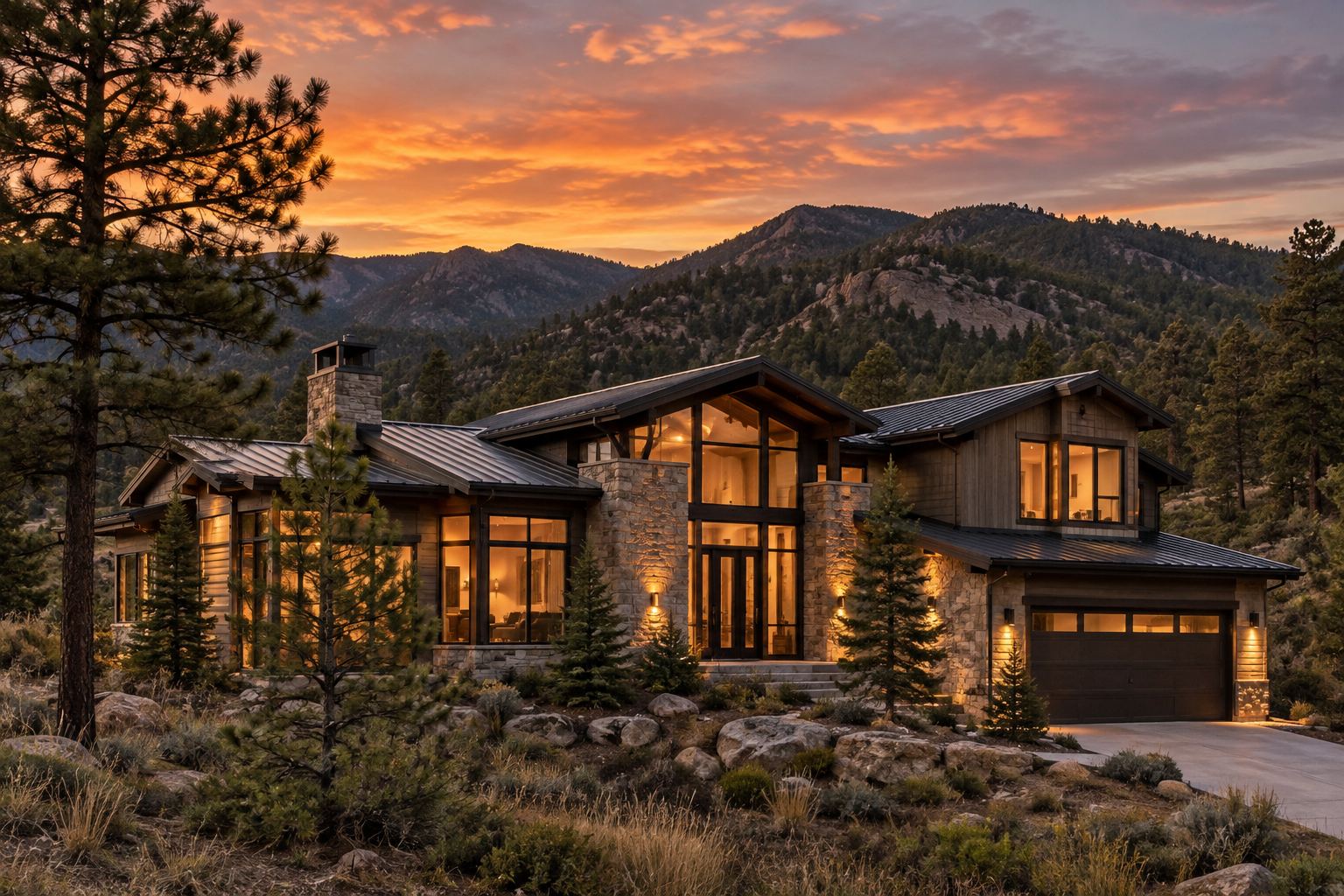 A brick traditional home at dusk, illustrative