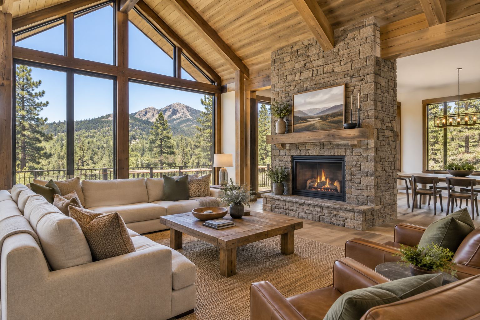 A bright mountain great room, illustrative